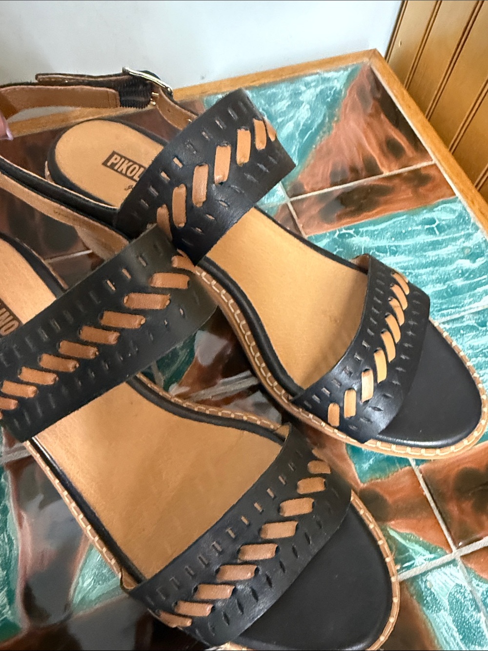 PIKOLINOS Black Leather Cutout Double-Strap Sandals